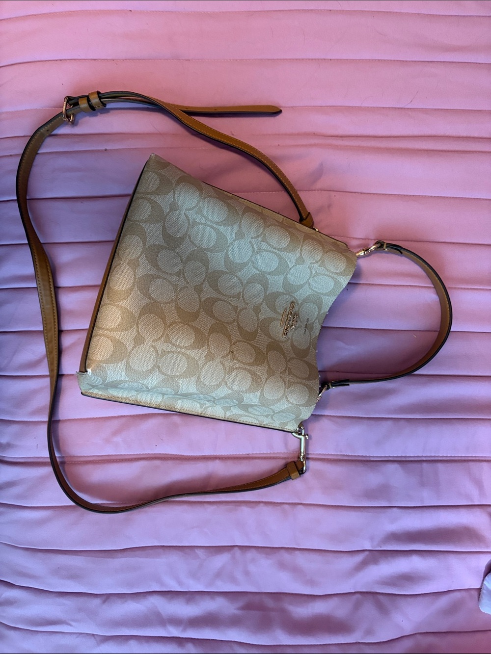 Coach Beige Signature Canvas Crossbody Bag with Brown Leather Trim